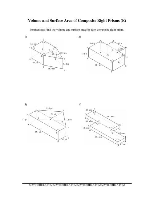The Volume and Surface Area of Composite-Based Prisms (E) Math Worksheet