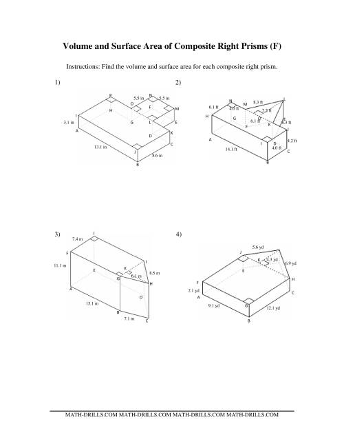 The Volume and Surface Area of Composite-Based Prisms (F) Math Worksheet