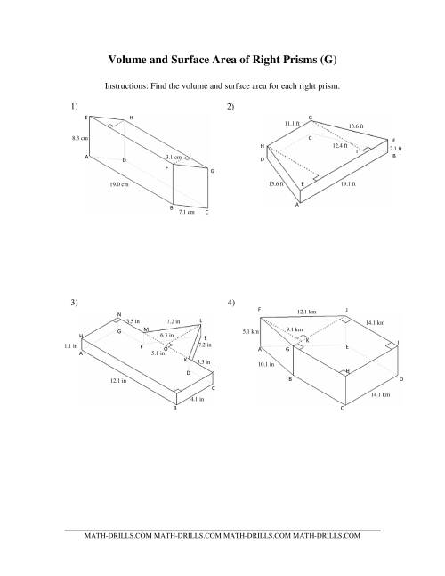 The Volume and Surface Area of Mixed Right Prisms (G) Math Worksheet