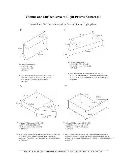 The Volume and Surface Area of Mixed Right Prisms (I) Math Worksheet Page 2