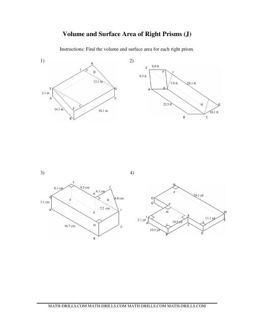 The Volume and Surface Area of Mixed Right Prisms (J) Math Worksheet