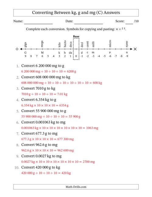 The Converting Between Kilograms, Grams and Milligrams (SI Number Format) (C) Math Worksheet Page 2