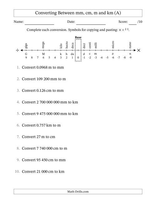 The Converting Between Millimetres, Centimetres, Metres and Kilometres (SI Number Format) (A) Math Worksheet