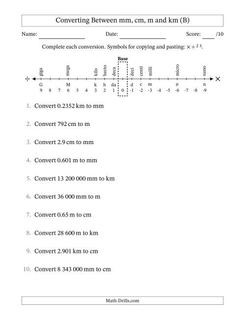 The Converting Between Millimetres, Centimetres, Metres and Kilometres (SI Number Format) (B) Math Worksheet