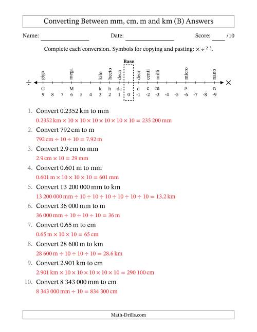 The Converting Between Millimetres, Centimetres, Metres and Kilometres (SI Number Format) (B) Math Worksheet Page 2