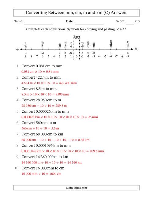 The Converting Between Millimetres, Centimetres, Metres and Kilometres (SI Number Format) (C) Math Worksheet Page 2
