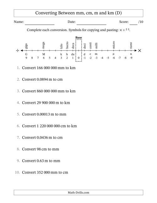 The Converting Between Millimetres, Centimetres, Metres and Kilometres (SI Number Format) (D) Math Worksheet