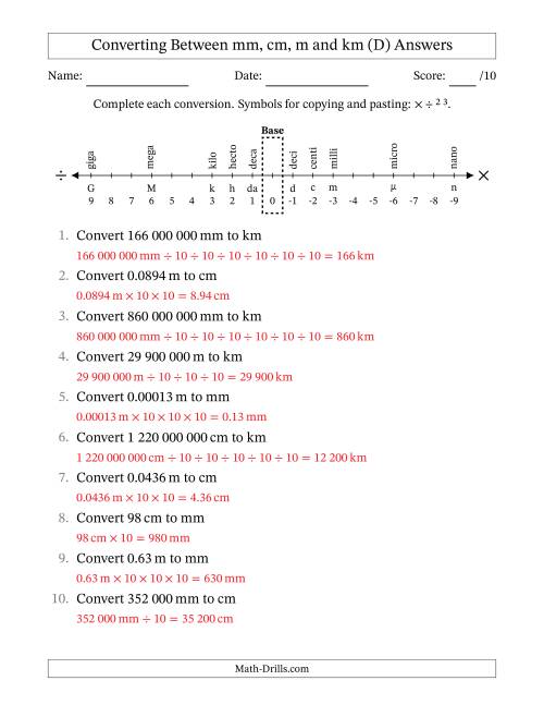 The Converting Between Millimetres, Centimetres, Metres and Kilometres (SI Number Format) (D) Math Worksheet Page 2