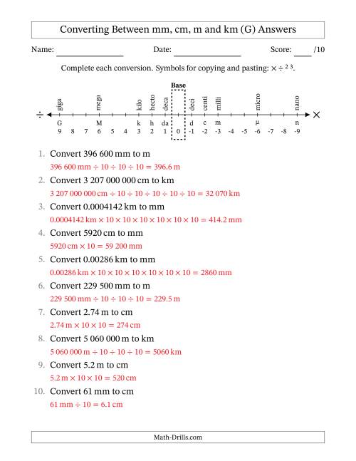 The Converting Between Millimetres, Centimetres, Metres and Kilometres (SI Number Format) (G) Math Worksheet Page 2