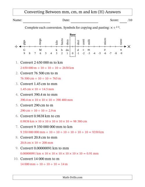The Converting Between Millimetres, Centimetres, Metres and Kilometres (SI Number Format) (H) Math Worksheet Page 2