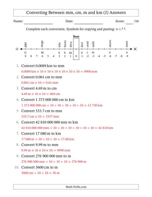 The Converting Between Millimetres, Centimetres, Metres and Kilometres (SI Number Format) (J) Math Worksheet Page 2