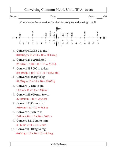 The Converting Between Common Metric Length, Mass and Volume Units (SI Number Format) (B) Math Worksheet Page 2