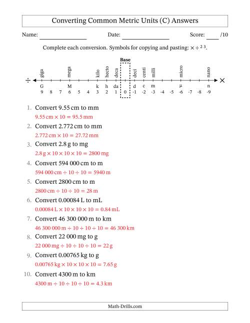 The Converting Between Common Metric Length, Mass and Volume Units (SI Number Format) (C) Math Worksheet Page 2