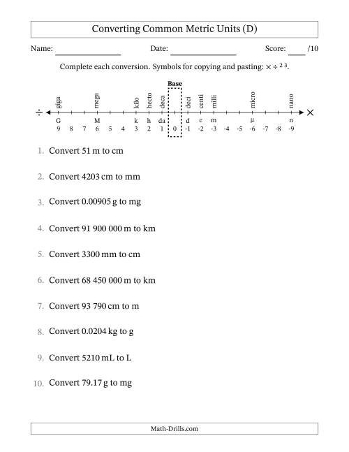 The Converting Between Common Metric Length, Mass and Volume Units (SI Number Format) (D) Math Worksheet