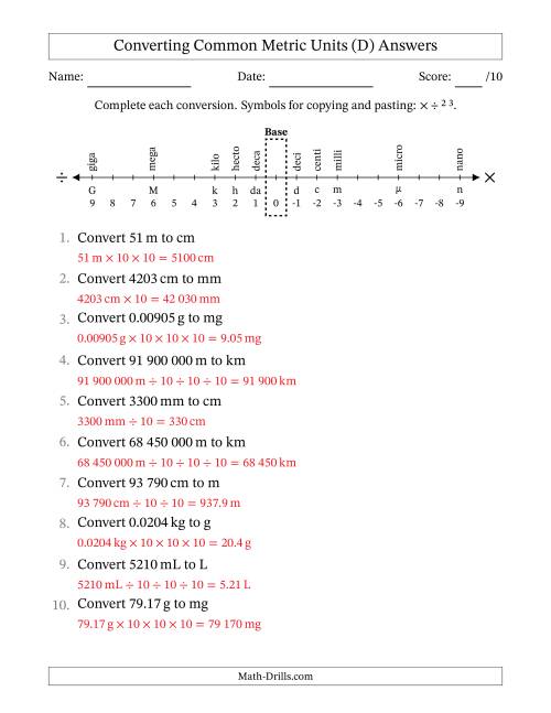 The Converting Between Common Metric Length, Mass and Volume Units (SI Number Format) (D) Math Worksheet Page 2