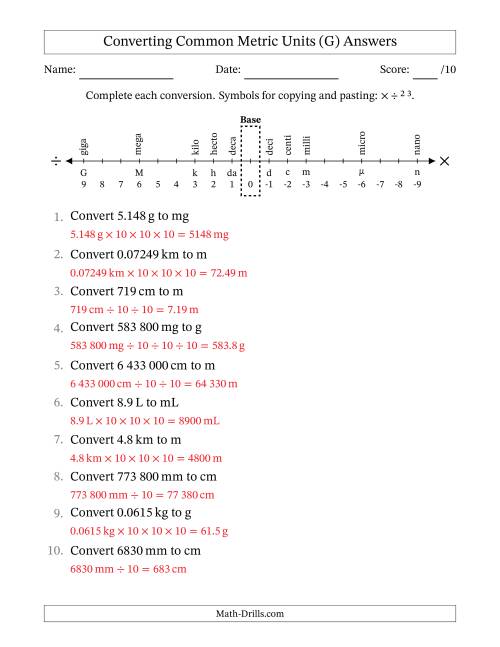 The Converting Between Common Metric Length, Mass and Volume Units (SI Number Format) (G) Math Worksheet Page 2