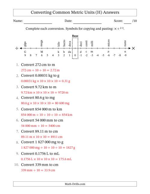 The Converting Between Common Metric Length, Mass and Volume Units (SI Number Format) (H) Math Worksheet Page 2