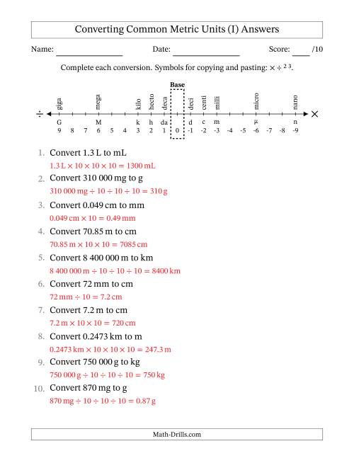 The Converting Between Common Metric Length, Mass and Volume Units (SI Number Format) (I) Math Worksheet Page 2