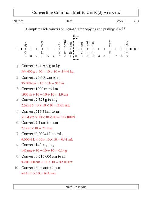 The Converting Between Common Metric Length, Mass and Volume Units (SI Number Format) (J) Math Worksheet Page 2