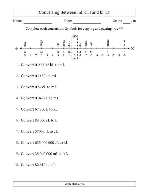 The Converting Between Millilitres, Centilitres, Litres and Kilolitres (SI Number Format) (B) Math Worksheet