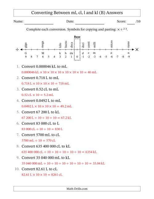 The Converting Between Millilitres, Centilitres, Litres and Kilolitres (SI Number Format) (B) Math Worksheet Page 2