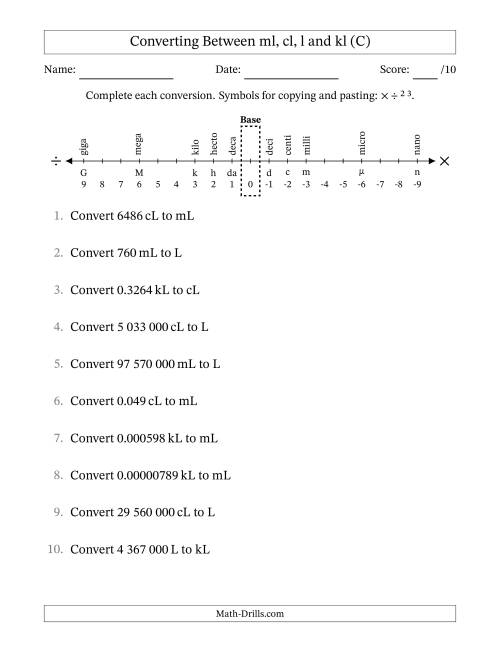 The Converting Between Millilitres, Centilitres, Litres and Kilolitres (SI Number Format) (C) Math Worksheet