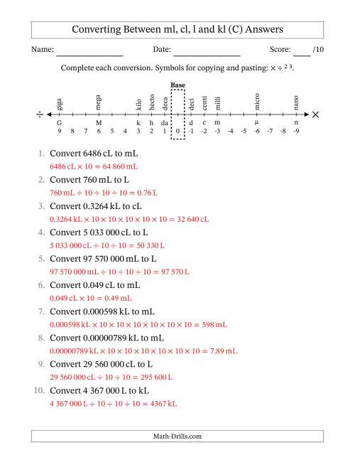 The Converting Between Millilitres, Centilitres, Litres and Kilolitres (SI Number Format) (C) Math Worksheet Page 2