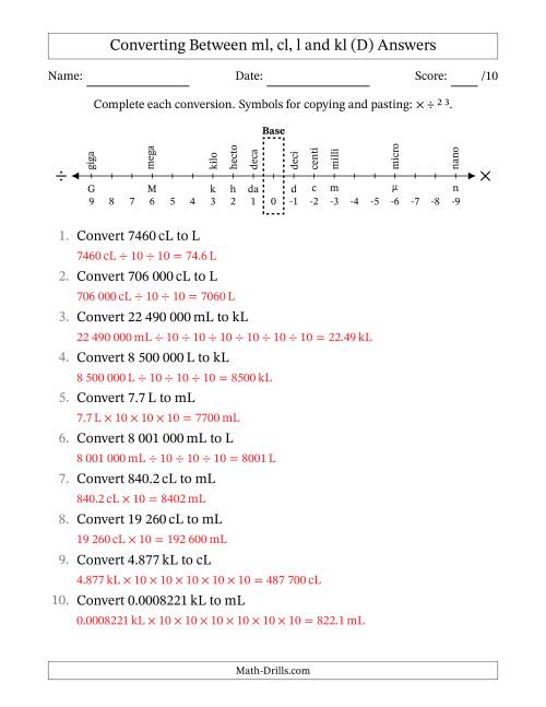 The Converting Between Millilitres, Centilitres, Litres and Kilolitres (SI Number Format) (D) Math Worksheet Page 2