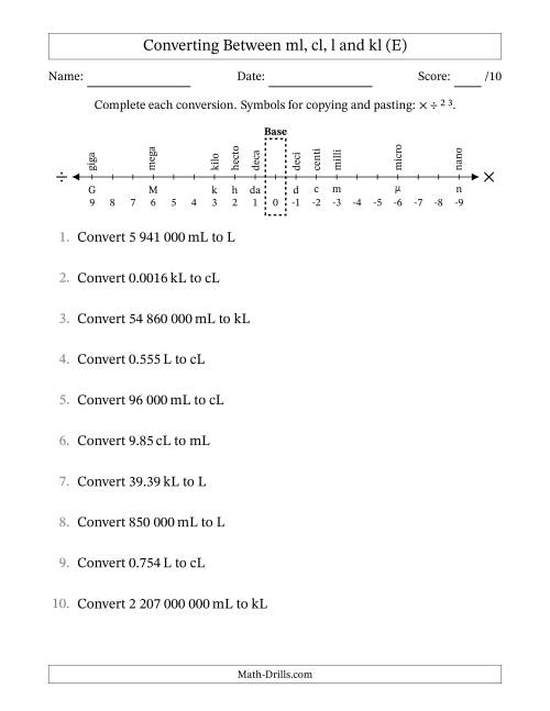 The Converting Between Millilitres, Centilitres, Litres and Kilolitres (SI Number Format) (E) Math Worksheet