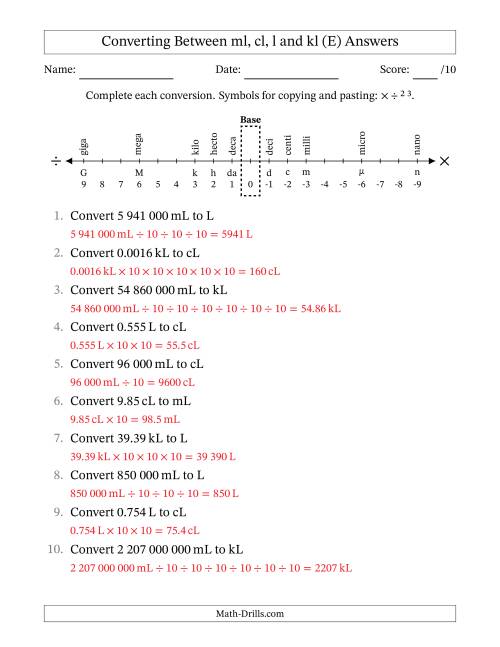 The Converting Between Millilitres, Centilitres, Litres and Kilolitres (SI Number Format) (E) Math Worksheet Page 2