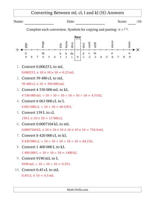 The Converting Between Millilitres, Centilitres, Litres and Kilolitres (SI Number Format) (H) Math Worksheet Page 2