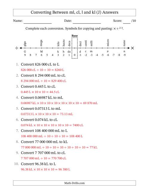 The Converting Between Millilitres, Centilitres, Litres and Kilolitres (SI Number Format) (J) Math Worksheet Page 2