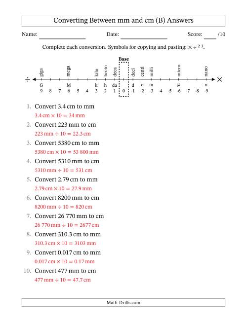 The Converting Between Centimetres and Millimetres (SI Number Format) (B) Math Worksheet Page 2