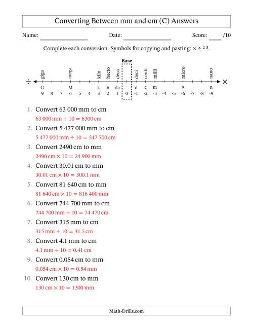 The Converting Between Centimetres and Millimetres (SI Number Format) (C) Math Worksheet Page 2