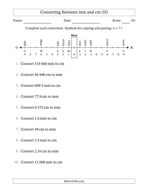 The Converting Between Centimetres and Millimetres (SI Number Format) (D) Math Worksheet