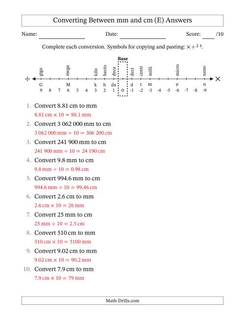 The Converting Between Centimetres and Millimetres (SI Number Format) (E) Math Worksheet Page 2