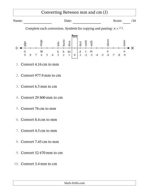 The Converting Between Centimetres and Millimetres (SI Number Format) (J) Math Worksheet