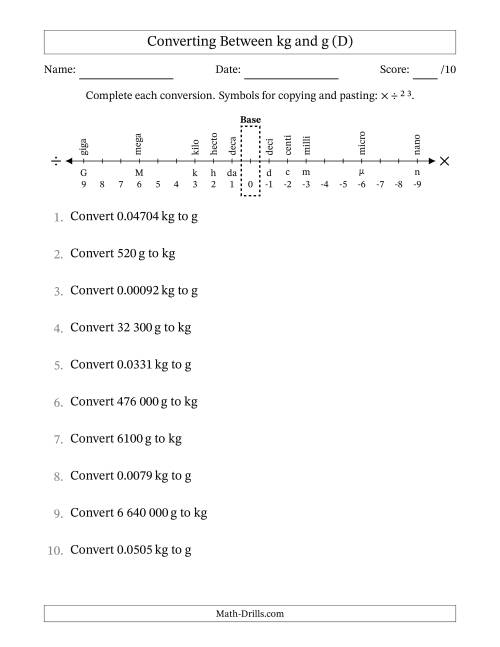 The Converting Between Kilograms and Grams (SI Number Format) (D) Math Worksheet