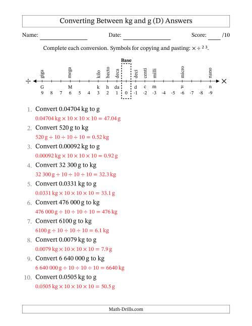 The Converting Between Kilograms and Grams (SI Number Format) (D) Math Worksheet Page 2