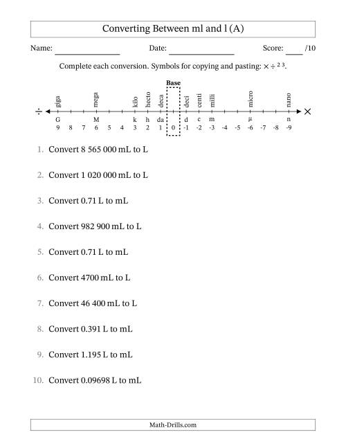 The Converting Between Millilitres and Litres (SI Number Format) (A) Math Worksheet