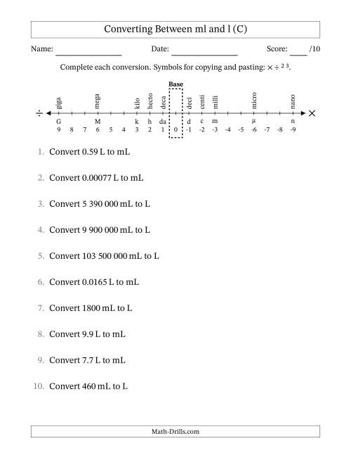 The Converting Between Millilitres and Litres (SI Number Format) (C) Math Worksheet