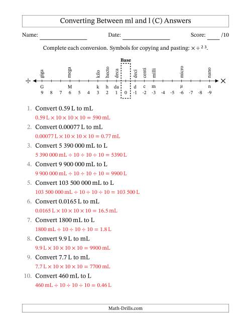 The Converting Between Millilitres and Litres (SI Number Format) (C) Math Worksheet Page 2