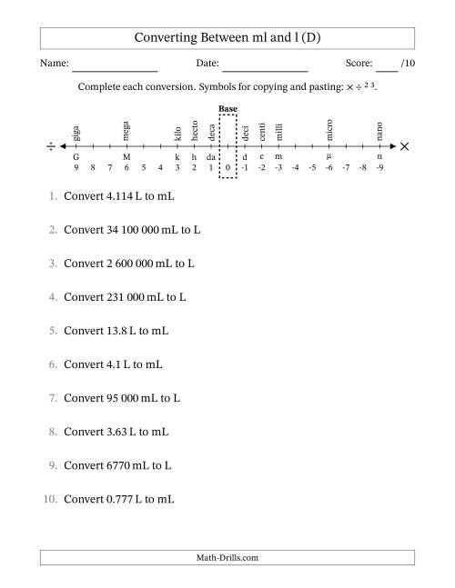 The Converting Between Millilitres and Litres (SI Number Format) (D) Math Worksheet