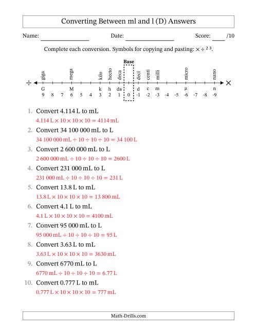 The Converting Between Millilitres and Litres (SI Number Format) (D) Math Worksheet Page 2