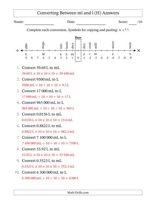 The Converting Between Millilitres and Litres (SI Number Format) (H) Math Worksheet Page 2