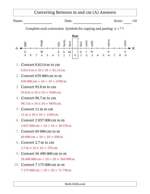 The Converting Between Centimetres and Metres (SI Number Format) (A) Math Worksheet Page 2