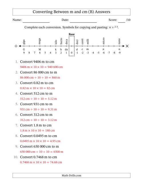 The Converting Between Centimetres and Metres (SI Number Format) (B) Math Worksheet Page 2