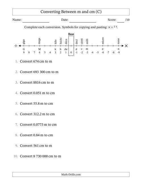 The Converting Between Centimetres and Metres (SI Number Format) (C) Math Worksheet