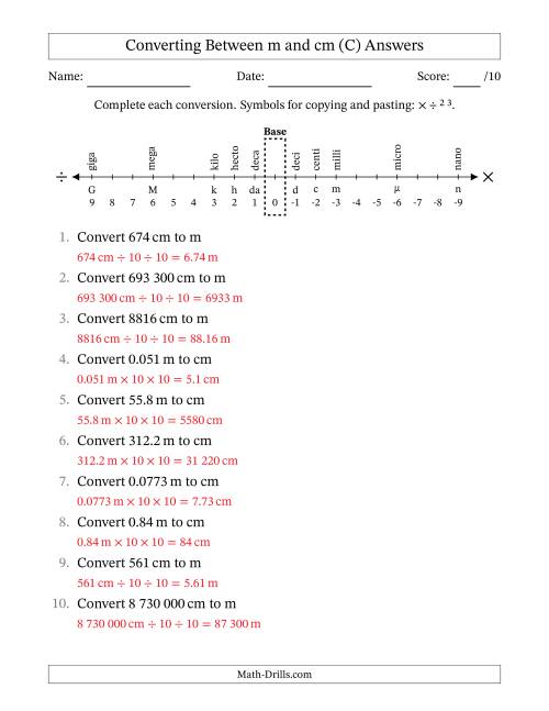 The Converting Between Centimetres and Metres (SI Number Format) (C) Math Worksheet Page 2