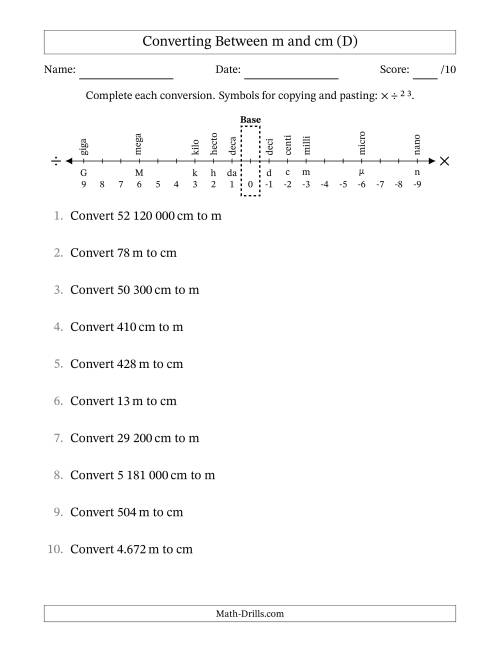 The Converting Between Centimetres and Metres (SI Number Format) (D) Math Worksheet